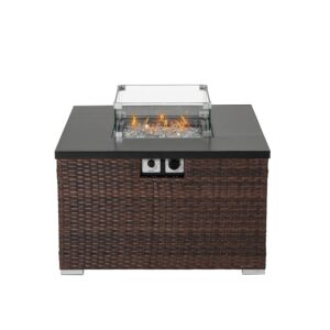 hompus propane patio fire pit table with wind guard, lava rocks and rain cover for outdoor leisure party,40,000 btu 32-inch square dark brown wicker fire table, tank outside