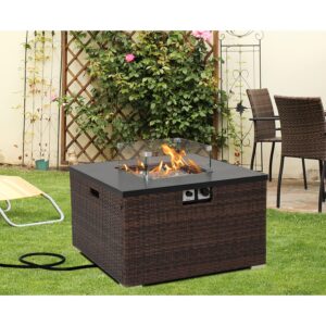 HOMPUS Propane Patio Fire Pit Table with Wind Guard, Lava Rocks and Rain Cover for Outdoor Leisure Party,40,000 BTU 32-inch Square Dark Brown Wicker Fire Table, Tank Outside