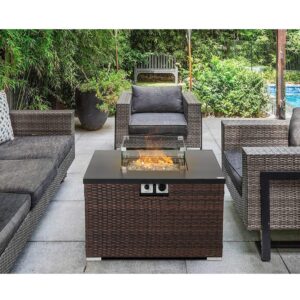 HOMPUS Propane Patio Fire Pit Table with Wind Guard, Lava Rocks and Rain Cover for Outdoor Leisure Party,40,000 BTU 32-inch Square Dark Brown Wicker Fire Table, Tank Outside