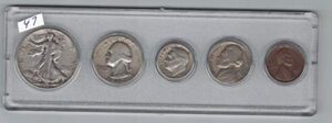 1947 birth year coin set- (5) coins - silver half dollar, silver quarter, silver dime, nickel, and lincoln cent - all dated 1947 in a plastic display holder fine