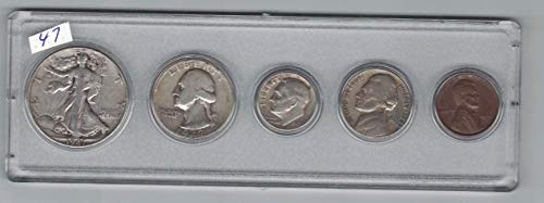 1947 Birth Year Coin Set- (5) Coins - Silver Half Dollar, Silver Quarter, Silver Dime, Nickel, and Lincoln Cent - All dated 1947 in a Plastic Display Holder Fine