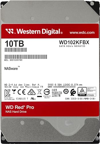 Western Digital 10TB WD Red Pro NAS Internal Hard Drive HDD - 7200 RPM, SATA 6 Gb/s, CMR, 256 MB Cache, 3.5" - WD102KFBX