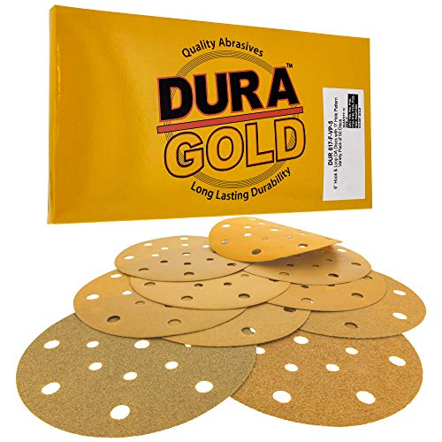 Dura-Gold Premium 60, 80, 100,120,180,220,320,400,600,1000 Grit 6" Gold Sandpaper Discs, 17 Hole Pattern Dustless, 5 Each, 50 Total - Hook & Loop Backing for DA Sander, Sanding Automotive, Woodworking