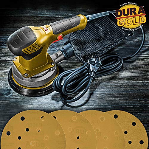 Dura-Gold Premium 60, 80, 100,120,180,220,320,400,600,1000 Grit 6" Gold Sandpaper Discs, 17 Hole Pattern Dustless, 5 Each, 50 Total - Hook & Loop Backing for DA Sander, Sanding Automotive, Woodworking