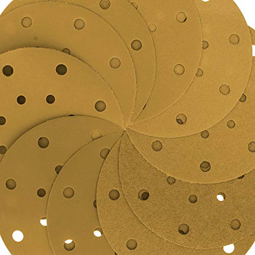 Dura-Gold Premium 60, 80, 100,120,180,220,320,400,600,1000 Grit 6" Gold Sandpaper Discs, 17 Hole Pattern Dustless, 5 Each, 50 Total - Hook & Loop Backing for DA Sander, Sanding Automotive, Woodworking