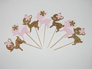 24 baby deer cupcake toppers - pink & gold glitter - 24 count - oh deer its a girl food picks baby shower christmas birthday party decorations