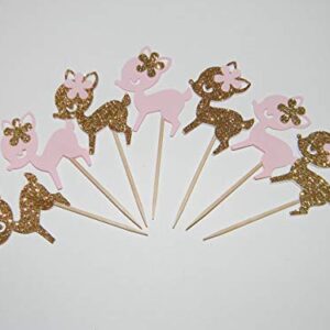 24 Baby Deer cupcake toppers - Pink & Gold Glitter - 24 count - Oh Deer its a girl food picks Baby Shower Christmas Birthday Party decorations