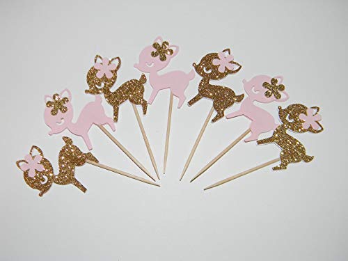 24 Baby Deer cupcake toppers - Pink & Gold Glitter - 24 count - Oh Deer its a girl food picks Baby Shower Christmas Birthday Party decorations