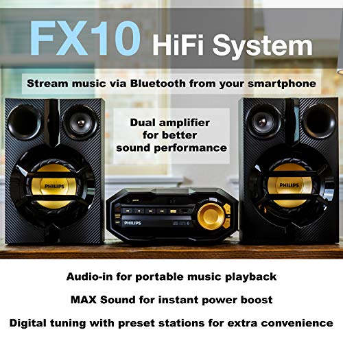 Philips FX10 Bluetooth Stereo System for Home with CD Player, MP3, USB, FM Radio, Bass Reflex Speaker, 230 W