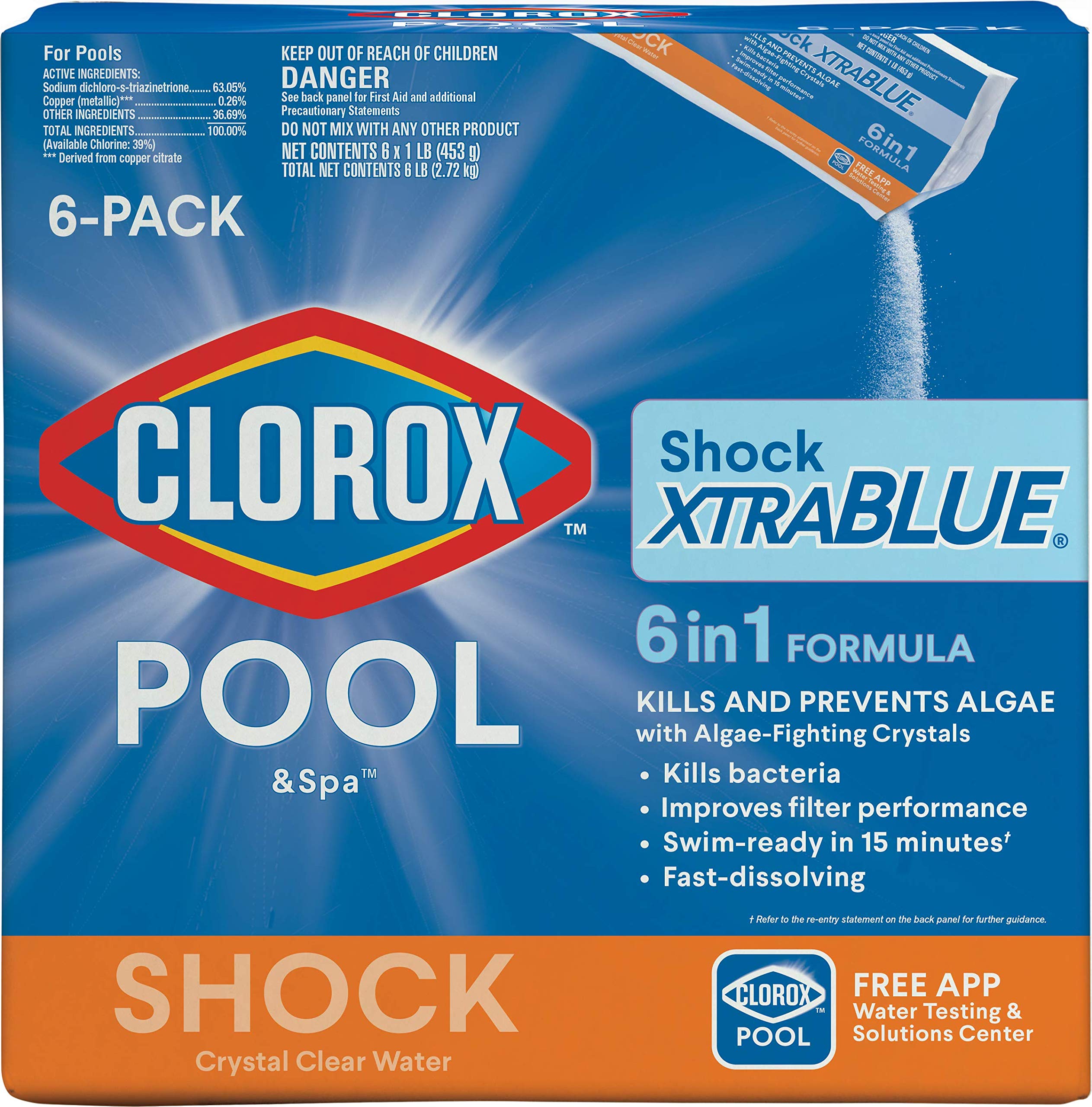 Clorox Pool&Spa 33506CLX Pool Shock XtraBlue (6 1-lb Bags), 6 Pack, White