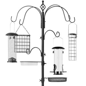 best choice products 6-hook bird feeding station, steel multi-feeder kit stand for attracting wild birds w/ 4 bird feeders, mesh tray, bird bath, 5-prong base - black