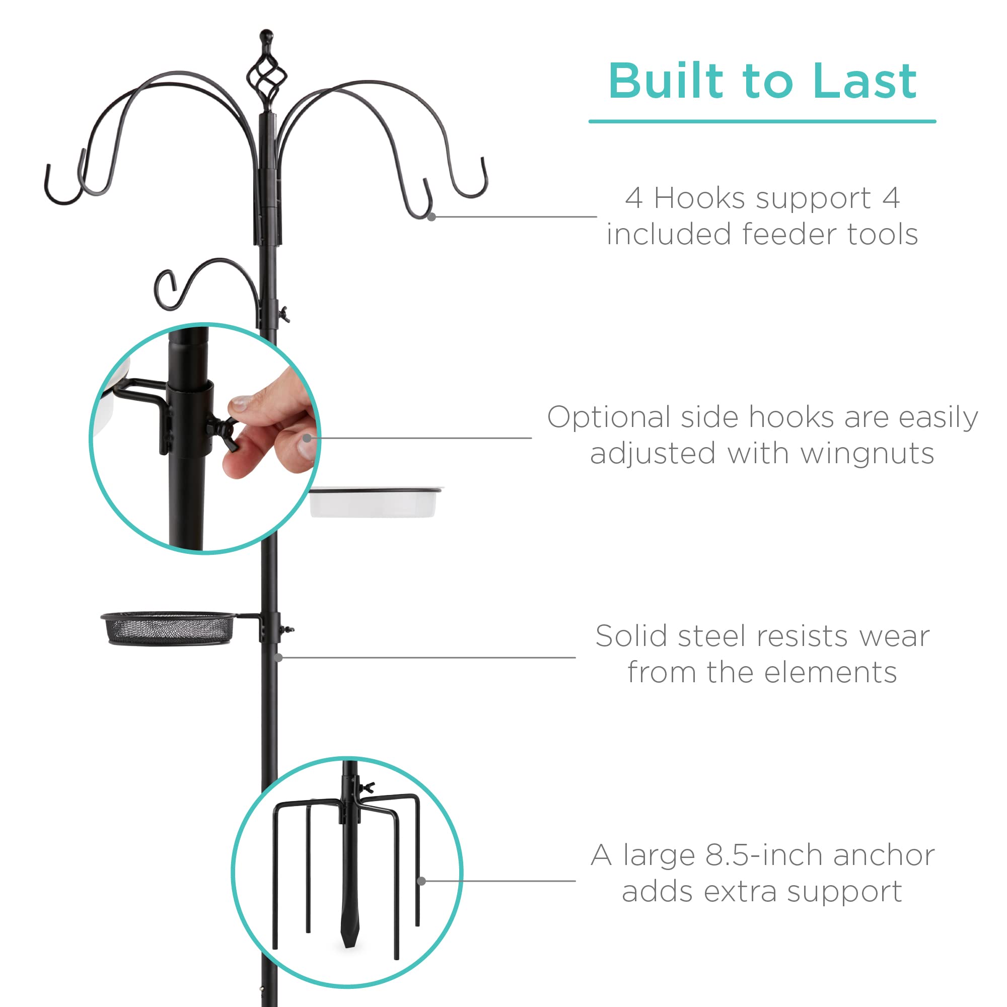 Best Choice Products 6-Hook Bird Feeding Station, Steel Multi-Feeder Kit Stand for Attracting Wild Birds w/ 4 Bird Feeders, Mesh Tray, Bird Bath, 5-Prong Base - Black