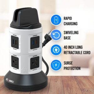 Bell+Howell Spin Power Strip Tower Surge Protector - 4 Outlets, 6 USB Ports, 40" Retractable Cord, 360° Rotation | Electric Charging Station with Built-in Phone & Tablet Holder | USB Outlet Extender