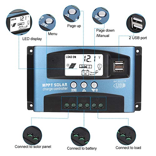 MPPT Solar Charge Controller, 40/50/60/100A Solar Charge Controller Dual USB LCD Display 12V 24V Solar Charge Regulator Solar Battery Charger ( 100A) Solarregler Mppt Charge Controller