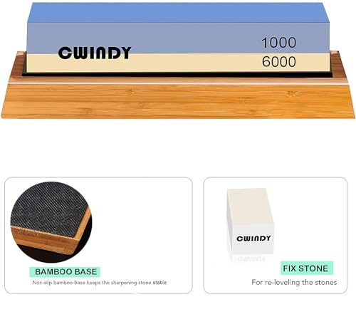 Sharpening Stone Whetstone Kit Dual Sided 1000/6000 Grit Professional Whetstone Knife Sharpener Stone Wet Stone Set Nonslip Bamboo Base, and Fix Stone