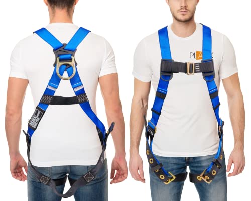 Palmer Safety Full Body Construction Harness with 5 Point Adjustment, Back D-Ring, Grommet Legs, and Fall Indicators I OSHA ANSI Roofing Tool Personal Equipment (Blue - Universal)