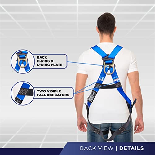 Palmer Safety Full Body Construction Harness with 5 Point Adjustment, Back D-Ring, Grommet Legs, and Fall Indicators I OSHA ANSI Roofing Tool Personal Equipment (Blue - Universal)