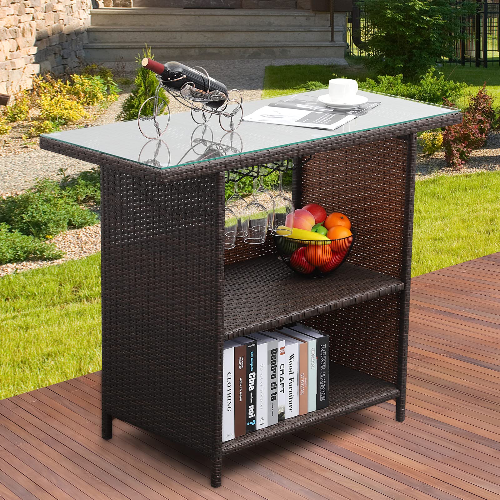 Valita Outdoor PE Wicker Bar Counter Glass Top Table with 2 Steel Shelves Design and 3 Set of Rails Patio Brown Rattan Furniture