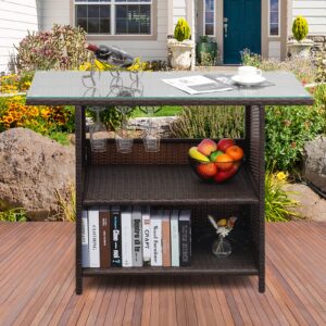 Valita Outdoor PE Wicker Bar Counter Glass Top Table with 2 Steel Shelves Design and 3 Set of Rails Patio Brown Rattan Furniture