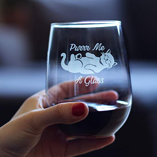 Purr Me A Glass – Cat Stemless Wine Glass, Etched Sayings, Cute Funny Kitten Gift, Large Glasses