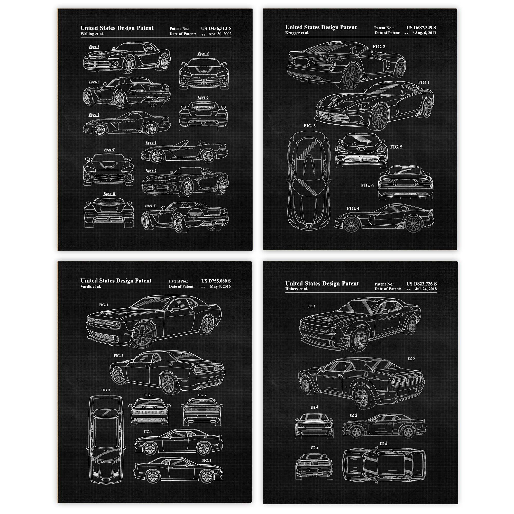 Vintage Dodge Viper Hellcat Demon Auto Patent Prints, 4 (8x10) Unframed Photos, Wall Art Decor Gifts Under 20 for Home Office Man Cave Engine Garage Shop School Student Teacher Coach MOPAR Sports Cars