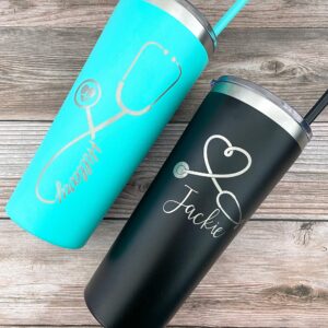 Personalized Nurse Laser Engraved 22 oz - Laser Engraved Tumbler with Straw, Stethoscope, RN, Nurse Gift, Doctor Gift, Nurse Assistant, Heartbeat, Nursing Student