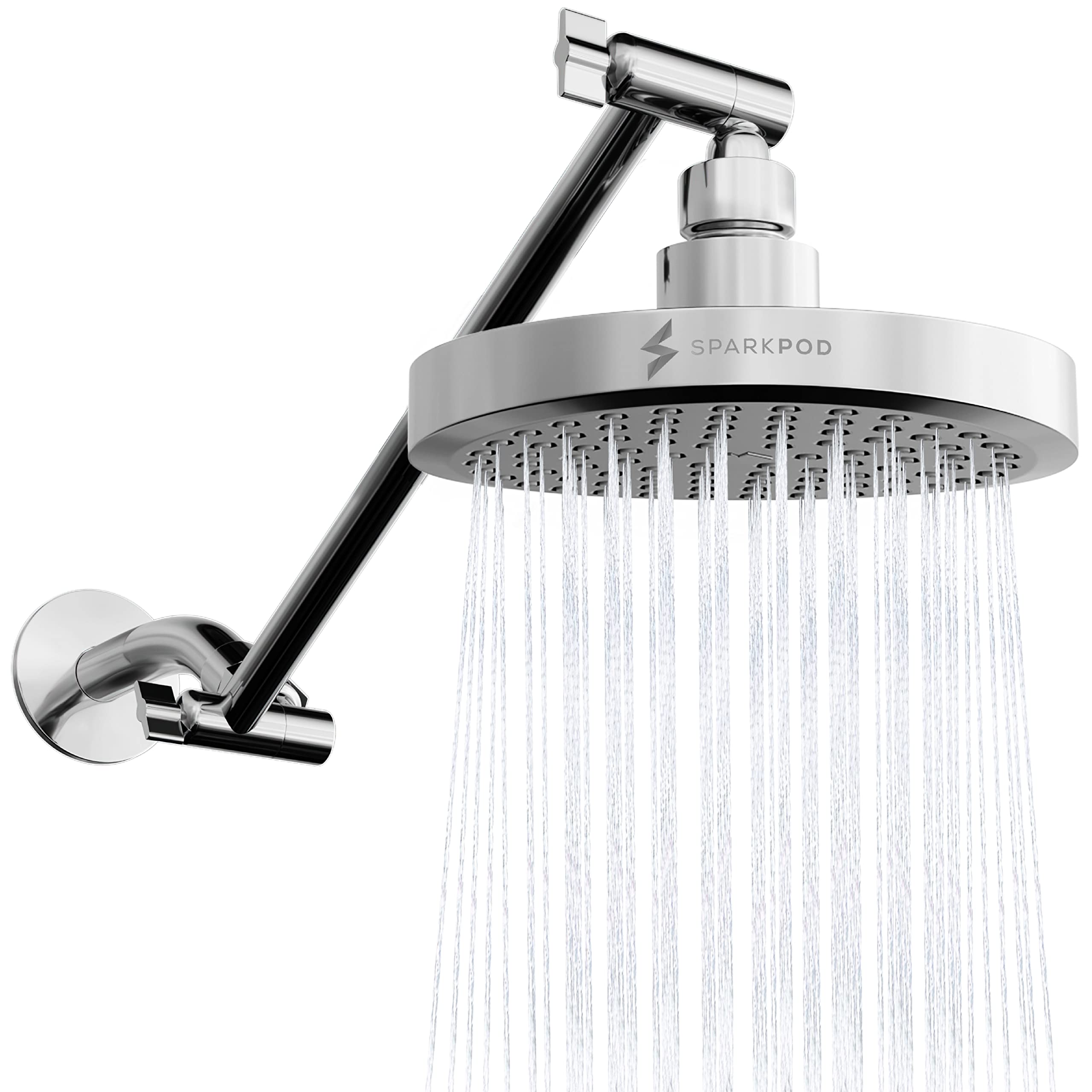 SparkPod Chrome High-Pressure Rain Shower Head with Matching 11" Shower Arm Extension - Control angle and height of your shower head for the Ultimate Experience Shower - 1-min Installation