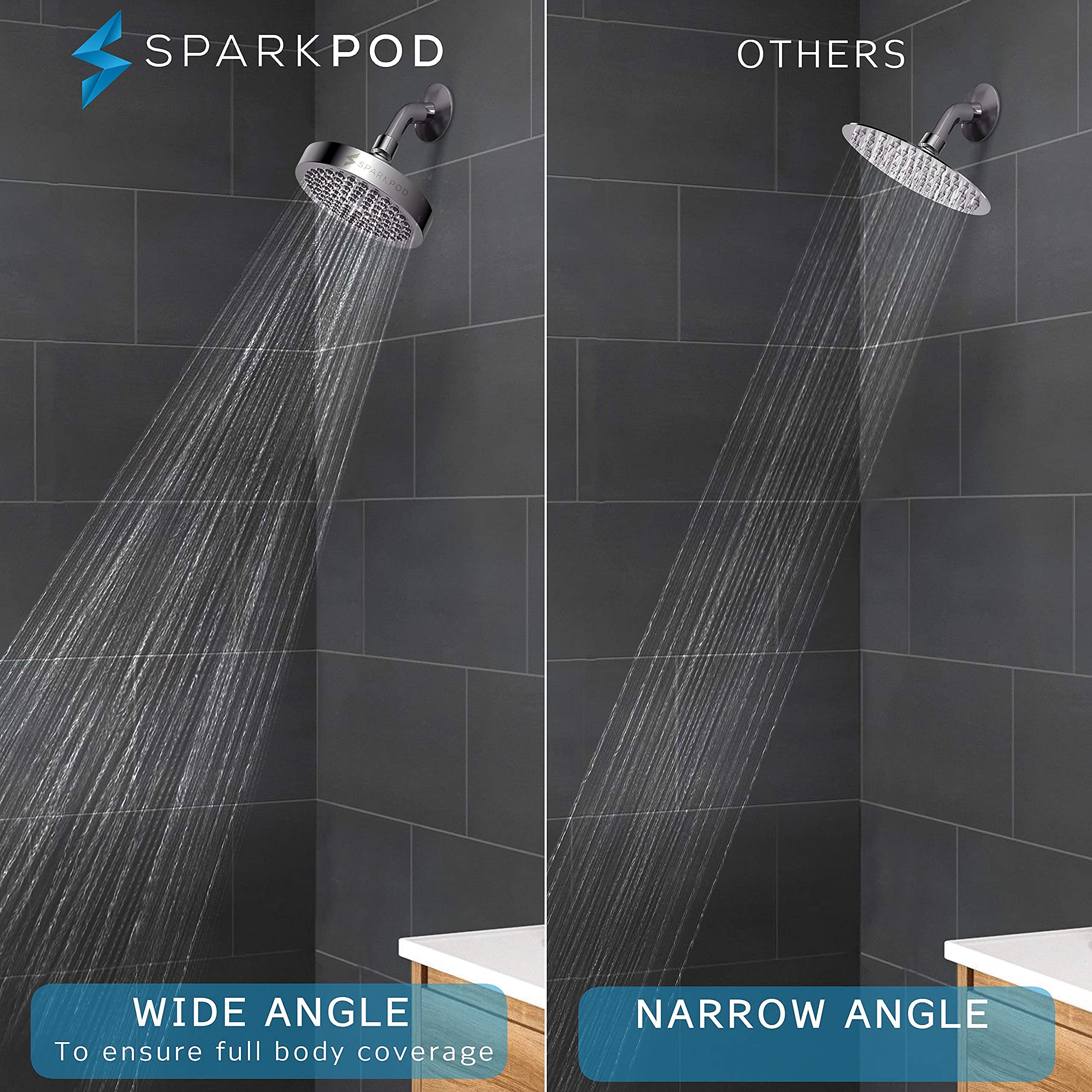 SparkPod Chrome High-Pressure Rain Shower Head with Matching 11" Shower Arm Extension - Control angle and height of your shower head for the Ultimate Experience Shower - 1-min Installation