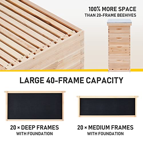 CREWORKS Bee Hive Boxes Starter Kit, Langstroth Beehive for Bee Keeping, 4 Layer Bee House with 20 Medium and 20 Deep Frames & Foundations, Beekeeping Supplies with Plastic Queen Excluder and Nails