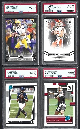 PSA 10 JOE BURROW TREVOR LAWRENCE JUSTIN FIELDS BROCK PURDY 4 CARD ROOKIE LOT LEAF & DONRUSS GRADED PSA GEM MINT 10. NFL YOUNG STAR QUARTERBACKS