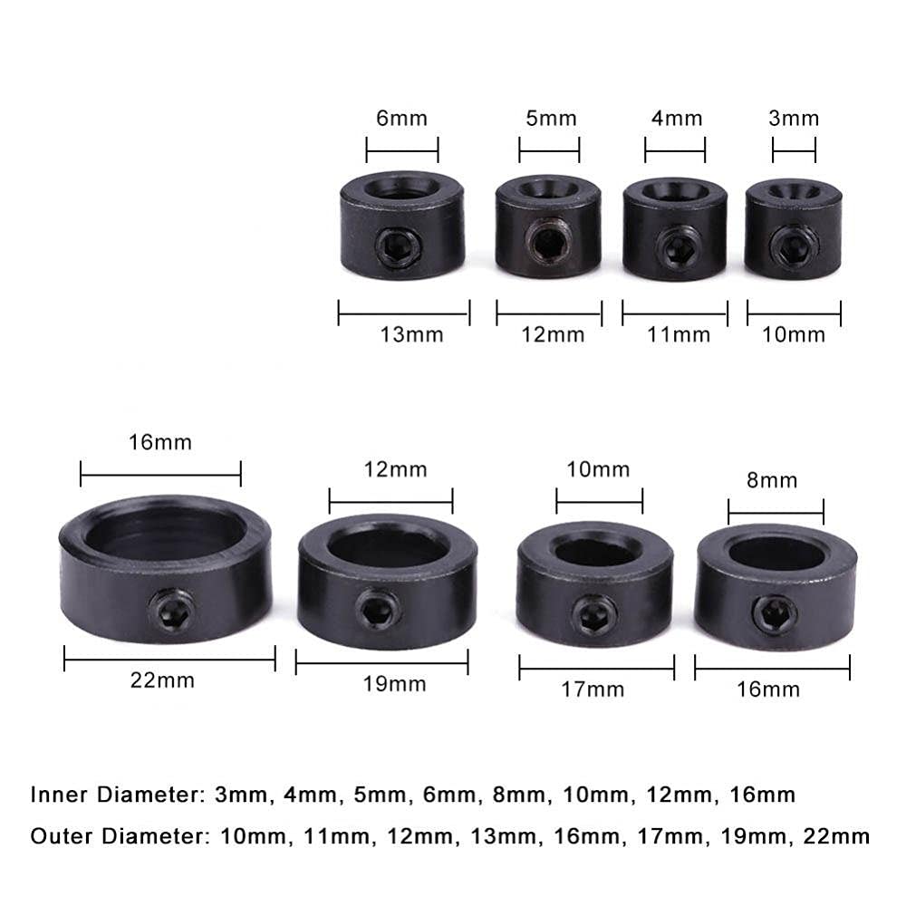 8Pcs Drill Stop Bit Collar Set Drill Bit Depth Stop Inner Diameter 3mm 4mm 5mm 6mm 8mm 10mm 12mm 16mm with Allen Wrench to Tighten The Stops Set-Screws