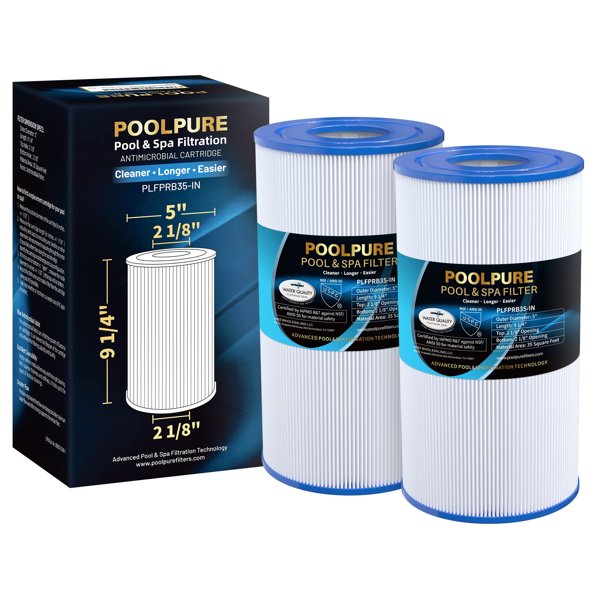 POOLPURE PRB35-IN Spa Filter Replaces Unicel C-4335, Guardian 409-219, Filbur FC-2385, 03FIL1300, 17-2482, 25393, 303557, 817-3501, R173431, 35 sq.ft, 5 X 9 Drop in Hot Tub Filter, 2 Pack