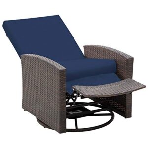 outsunny outdoor wicker swivel recliner chair, reclining backrest, lifting footrest, 360° rotating basic, water resistant cushions for patio, dark blue