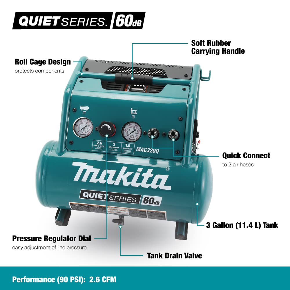 Makita MAC320Q Quiet Series 1-1/2 HP, 3 Gallon, Oil-Free, Electric Air Compressor