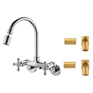 (upgraded) wall mount kitchen sink faucet, 6 inch center sink faucet, in wall faucet kitchen sink, kitchen wall faucets, wall faucet sink, two cross handles kitchen faucet, chrome, rulia rb1026