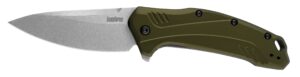 kershaw link olive stonewash pocketknife, 3.25" cpm 20cv steel drop point blade, assisted one-handed flipper opening, folding edc, stainless steel, olive green