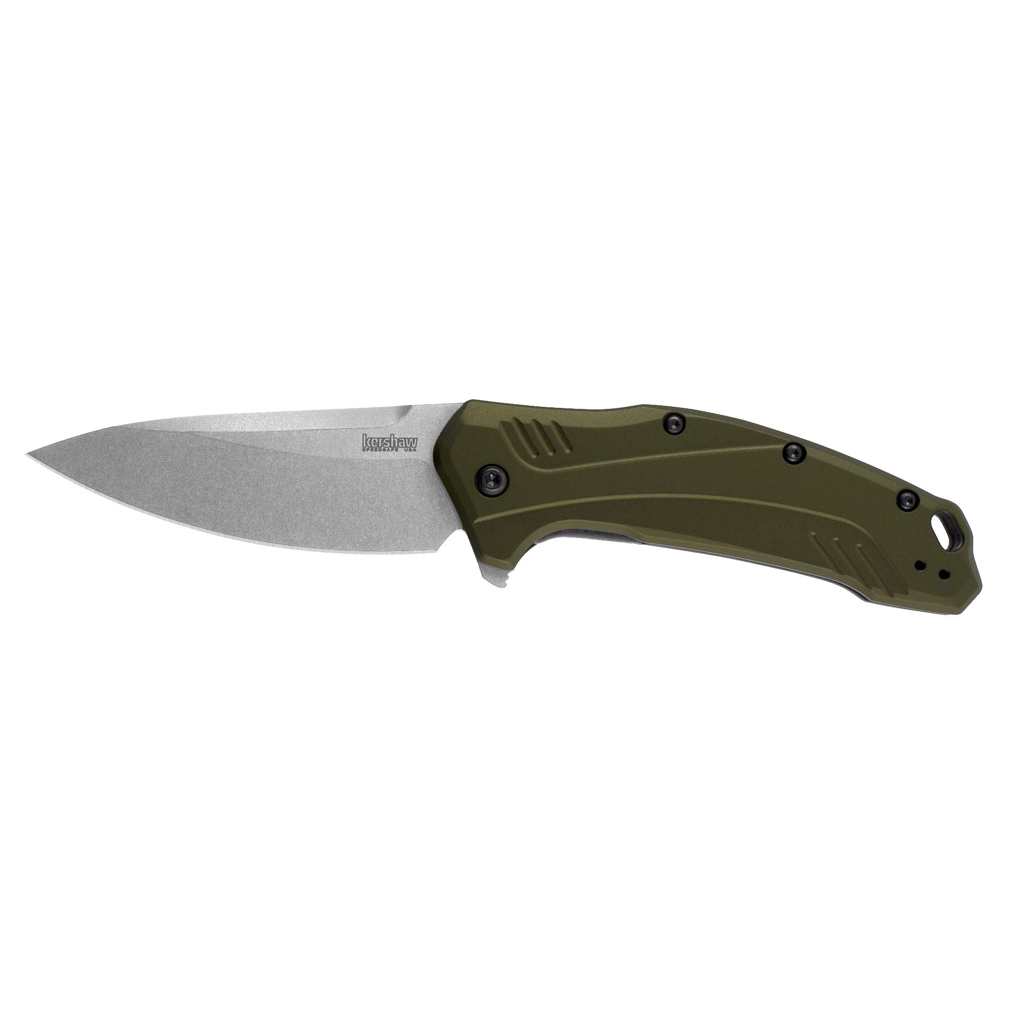 Kershaw Link Olive Stonewash Pocketknife, 3.25" CPM 20CV Steel Drop Point Blade, Assisted One-Handed Flipper Opening, Folding EDC, Stainless Steel, olive green