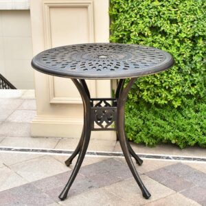 Grepatio 31" Patio Dining Table, Cast Aluminum Outdoor Bistro Table with Umbrella Hole Round Conversation Table, Antique Bronze