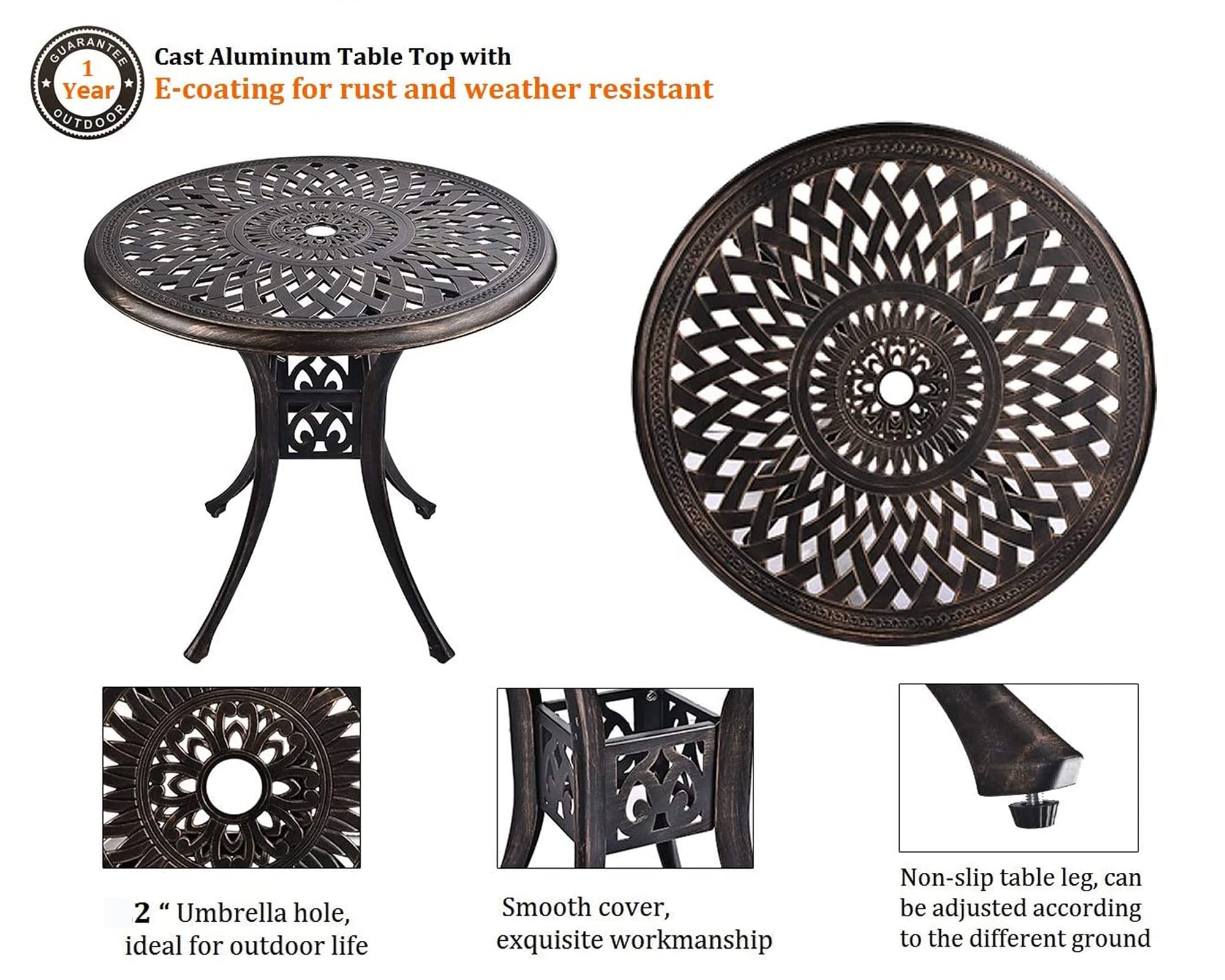 Grepatio 31" Patio Dining Table, Cast Aluminum Outdoor Bistro Table with Umbrella Hole Round Conversation Table, Antique Bronze