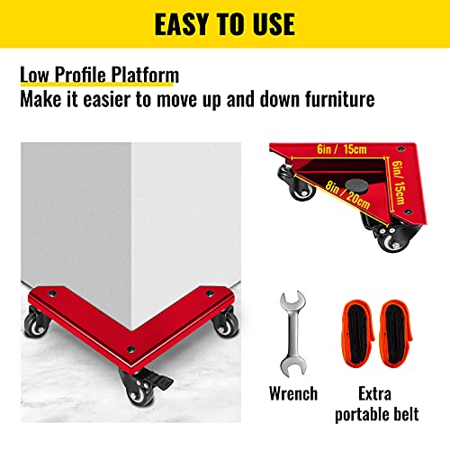 BestEquip Safe Dolly 3 Wheel (1 Locking & 2 Swivel), Corner Mover 1380 Lbs Load Capacity, Cabinet Movers Set of 4 with Fixed Rope, for Lifting and Moving Furniture, Pool Table, Low Profile Safe,Red