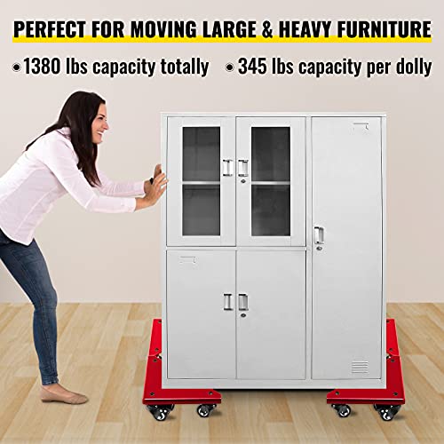 BestEquip Safe Dolly 3 Wheel (1 Locking & 2 Swivel), Corner Mover 1380 Lbs Load Capacity, Cabinet Movers Set of 4 with Fixed Rope, for Lifting and Moving Furniture, Pool Table, Low Profile Safe,Red