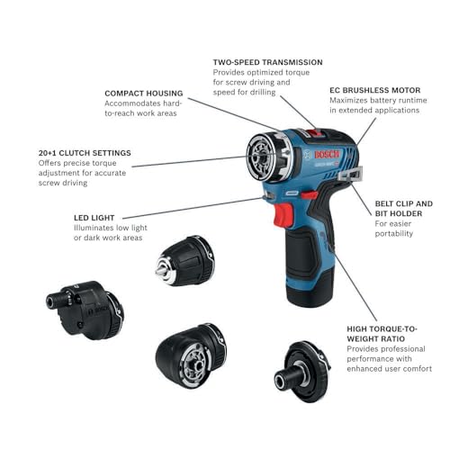 BOSCH GSR12V-300FCB22 12V Max EC Brushless Flexiclick 5-In-1 Drill/Driver System with (2) 2.0 Ah Batteries