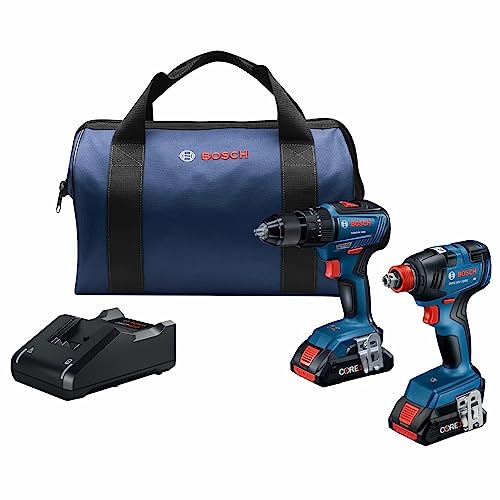 BOSCH GXL18V-233B25 18V 2-Tool Combo Kit with 1/2 In. Hammer Drill/Driver, Two-In-One 1/4 In. and 1/2 In. Bit/Socket Impact Driver/Wrench and (2) CORE18V® 4 Ah Advanced Power Batteries