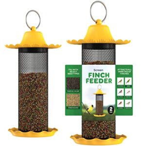 finch bird feeders for outside [set of 2] 0.7 lb capacity yellow wild bird feeders, seeds attracts small birds to backyard & garden. tube bird feeders for outdoors.