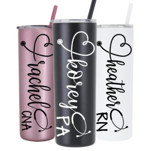 20 oz personalized nurse's stainless steel skinny tumbler with custom stethoscope name by avito - includes straw and lid - nurse rn - nurse gift