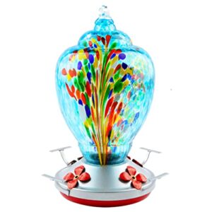 wosibo hummingbird feeder for outdoors patio large 32 ounces colorful hand blown glass hummingbird feeder with ant moat hanging hook, rope, brush and service card (blue-firework)