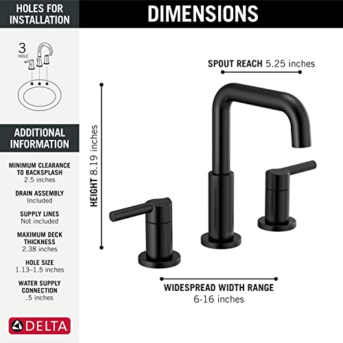 Delta Faucet Nicoli Widespread Bathroom Faucet 3 Hole, Matte Black Bathroom Faucet, 2 Handle Bathroom Faucet, Bathroom Sink Faucet, Drain Assembly, Matte Black 35849LF-BL