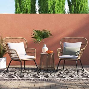 barton 3 pieces bistro chair set w/glass table beige outdoor patio furniture wicker rattan modern conversation chat seating