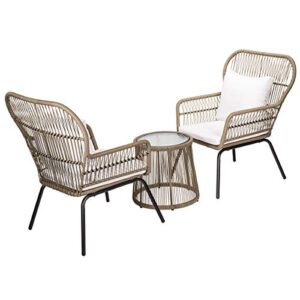 Barton 3 Pieces Bistro Chair Set w/Glass Table Beige Outdoor Patio Furniture Wicker Rattan Modern Conversation Chat Seating