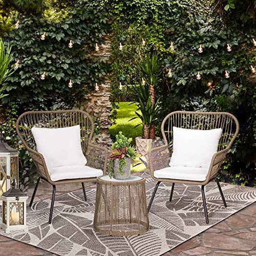 Barton 3 Pieces Bistro Chair Set w/Glass Table Beige Outdoor Patio Furniture Wicker Rattan Modern Conversation Chat Seating